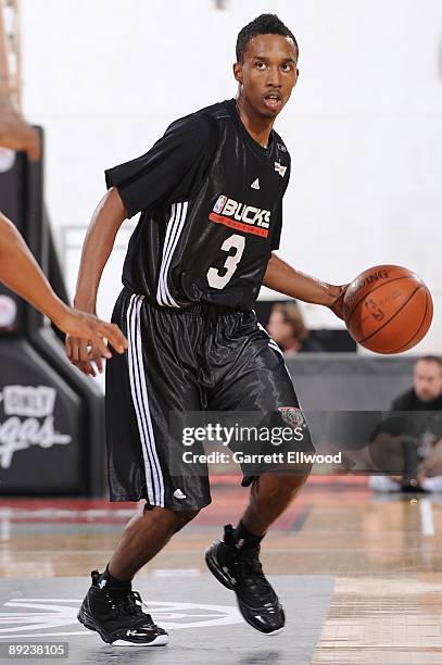 Brandon Jennings of the Milwaukee Bucks handles the ball against the Chicago Bulls during NBA Summer League presented by EA Sports on July 15, 2009...