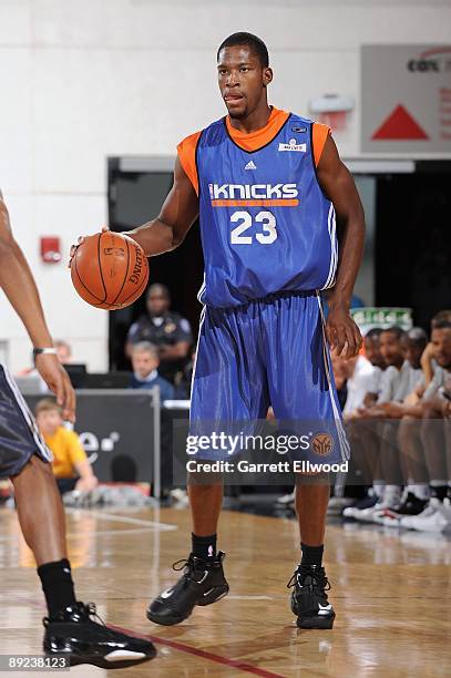 Toney Douglas of the New York Knicks surveys the court against the Detroit Pistons during NBA Summer League presented by EA Sports on July 15, 2009...