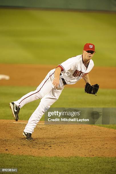 Logan Kennsing of the Washington Nationals pitches during a baseball game against the New York Mets on July 20, 2009 at Nationals Park in Washington...