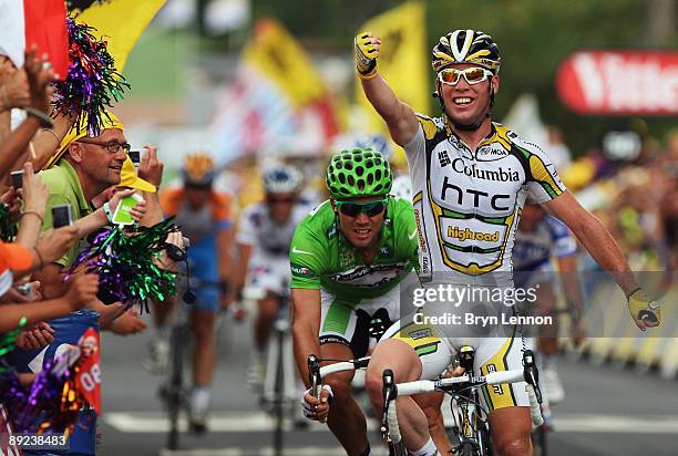 Mark Cavendish of Great Britain and team Columbia-HTC celebrates his win during stage 19 of the 2009 Tour de France from Bourgoin-Jallieu to Aubenas...