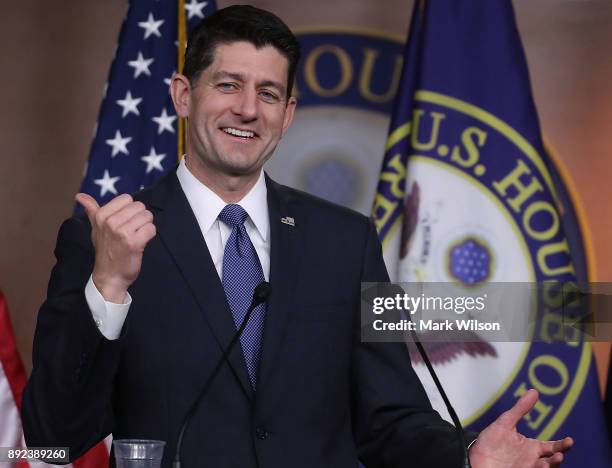 House Speaker Paul Ryan , speaks about the Republican tax reform legislation currently before Congress, during his weekly briefing on Capitol Hill...