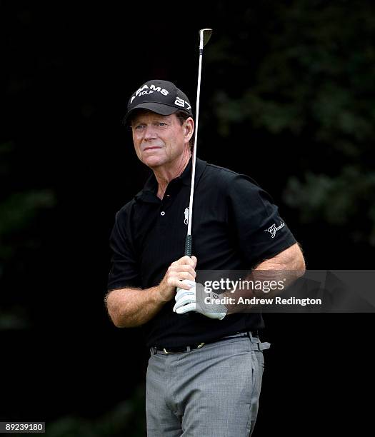 Tom Watson of the USA watches his tee-shot on the fourth hole during the second round of The Senior Open Championship presented by MasterCard held on...