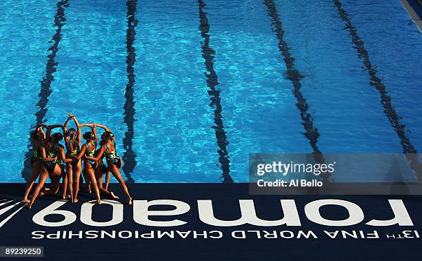 The USA team compete in the women's Synchronised Swimming Team Free Preliminaries during the 13th FINA World Championships at the Stadio Pietrangeli...