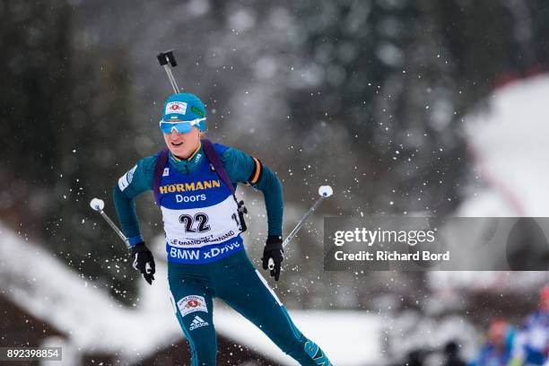 7th place Valj Semerenko of Ukraine performs during the IBU Biathlon World Cup Women's Sprint on December 14, 2017 in Le Grand Bornand, France.