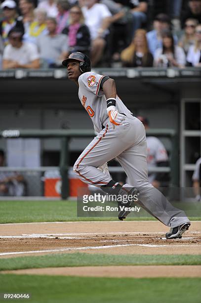 Adam Jones of the Baltimore Orioles bats against the Chicago White Sox on July 18, 2009 at U.S. Cellular Field in Chicago, Illinois. The White Sox...