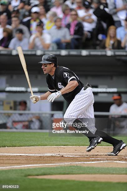 Scott Podsednik of the Chicago White Sox bats against the Baltimore Orioles on July 18, 2009 at U.S. Cellular Field in Chicago, Illinois. The White...