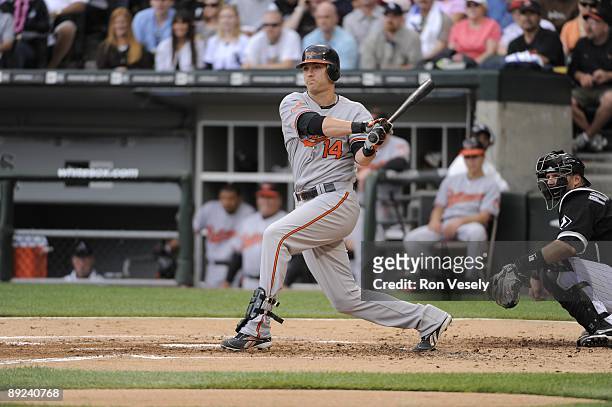 Nolan Reimold of the Baltimore Orioles bats against the Chicago White Sox on July 18, 2009 at U.S. Cellular Field in Chicago, Illinois. The White Sox...