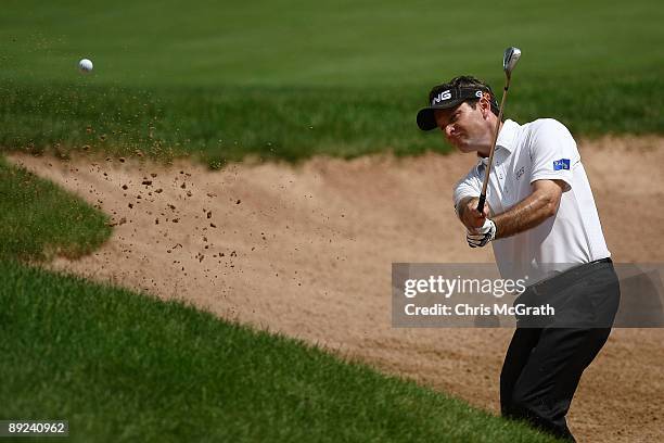 Mark Wilson plays out of the bunker on the ninth green during round two of the RBC Canadian Open at Glen Abbey Golf Club on July 24, 2009 in...