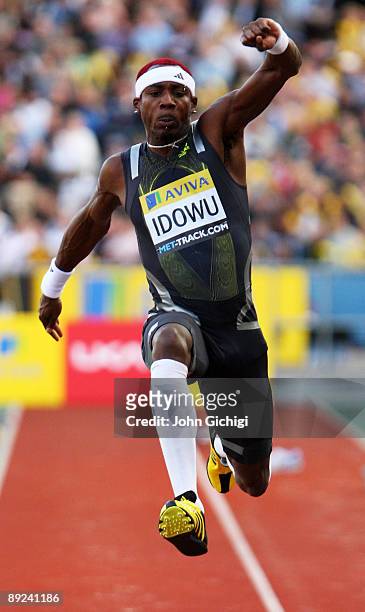 Phillips Idowu of Great Britain competes in the Men's Triple Jump during day one of the Aviva London Grand Prix track and field meeting at Crystal...