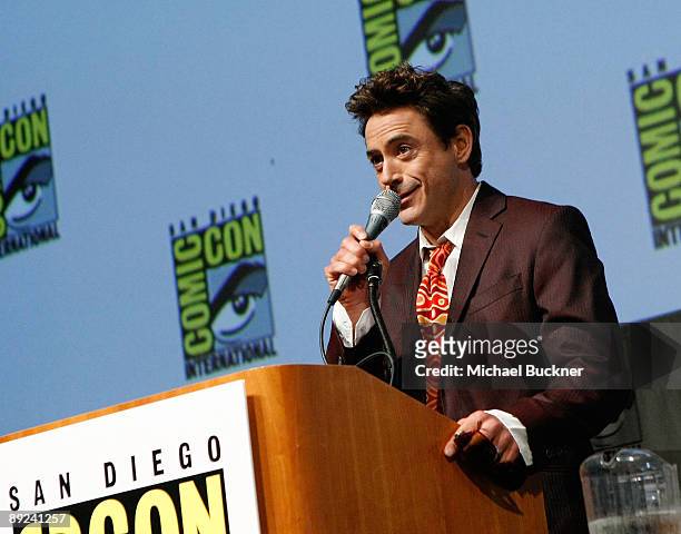 Actor Robert Downey Jr. Speaks during a presentation of Warner Bros' "Sherlock Holmes" at Comic-Con 2009 at the San Diego Convention Center on July...