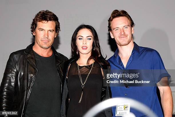 Actor Josh Brolin, actress Megan Fox and actor Michael Fassbender attend the panel discussion of "Jonah Hex" at Comic-Con 2009 at the San Diego...