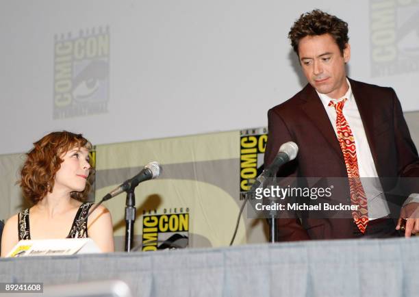 Actress Rachel McAdams and actor Robert Downey Jr. Attend the panel discussion for "Sherlock Holmes" during Comic-Con 2009 at the San Diego...
