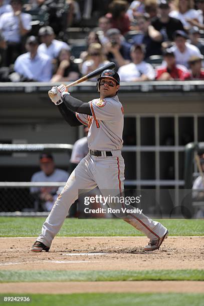 Brian Roberts of the Baltimore Orioles bats against the Chicago White Sox on July 19, 2009 at U.S. Cellular Field in Chicago, Illinois. The Orioles...