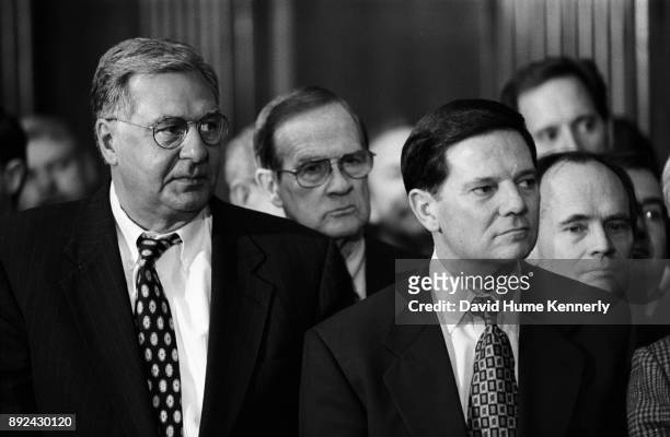 Republican Congressmen Dick Armey and Tom DeLay at a news conference in the US Capitol Building on Jan 5 two days before the start of the Senate...