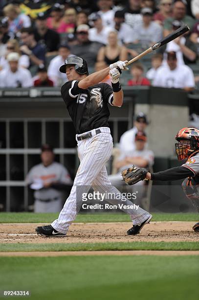 Gordon Beckham of the Chicago White Sox bats against the Baltimore Orioles on July 19, 2009 at U.S. Cellular Field in Chicago, Illinois. The Orioles...