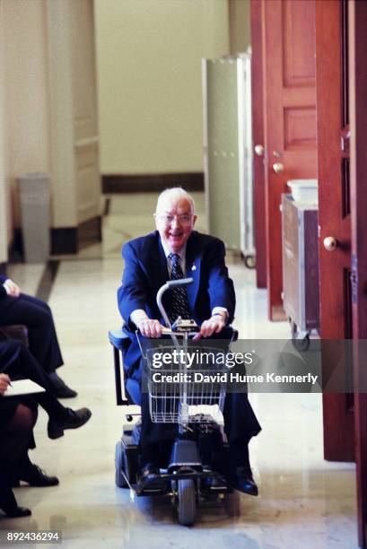 Sen. Jesse Helms in the hallways of the U.S. Capitol Building during a break from the Impeachment Trial of President Bill Clinton on Jan. 19, 1999 in...