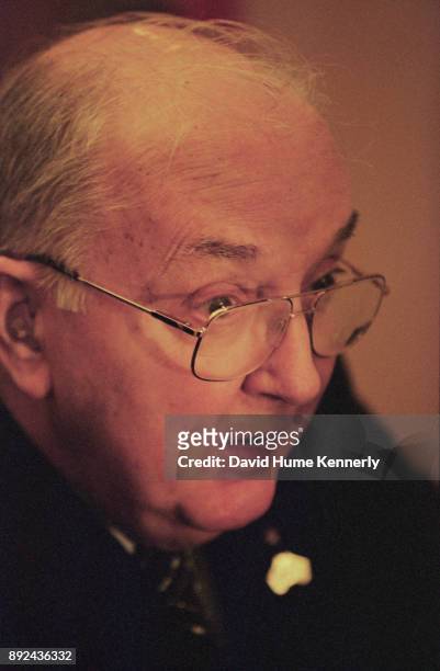 Sen. Jesse Helms in the hallways of the U.S. Capitol Building during a break from the Impeachment Trial of President Bill Clinton on Jan. 19, 1999 in...