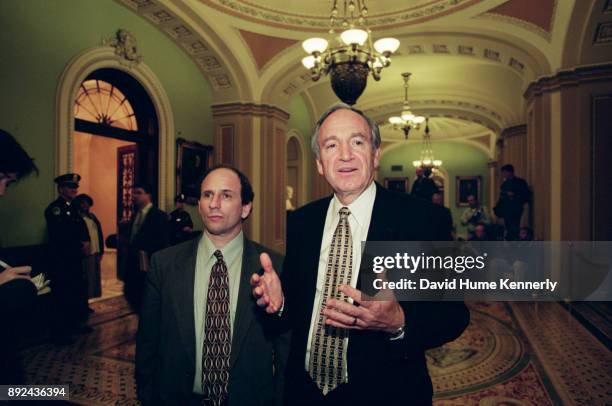 Democratic senators Paul Wellstone of Minnesota and Tom Harkin of Iowa in the hallway of the U.S. Capitol during the Senate Clinton Impeachment, on...