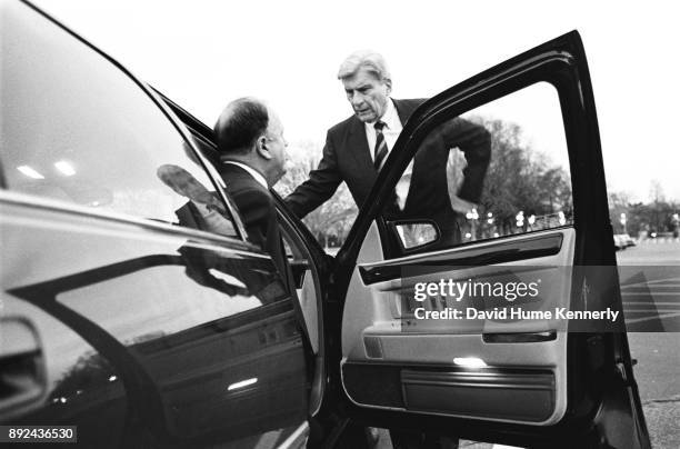 Sen. John Warner of Virginia lobbies his Democratic colleague Max Cleland of Georgia about an upcoming procedure issue outside the U.S. Capitol...