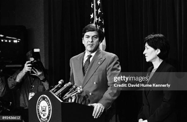 Republican senators Gordon Smith of Oregon and Susan Collins of Maine talk with reporters during a break from the Senate Impeachment Trial of...