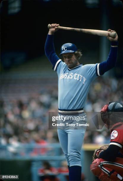 Thirdbaseman George Brett of the Kansas City Royals stretches in between pitches during an at bat in a game in June, 1976 against the Cleveland...