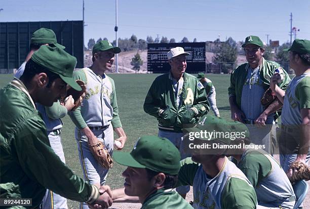Former outfielder Joe DiMaggio who played with the New York Yankees is a coach with the Oakland A's during Spring Training in March, 1969 in Mesa,...