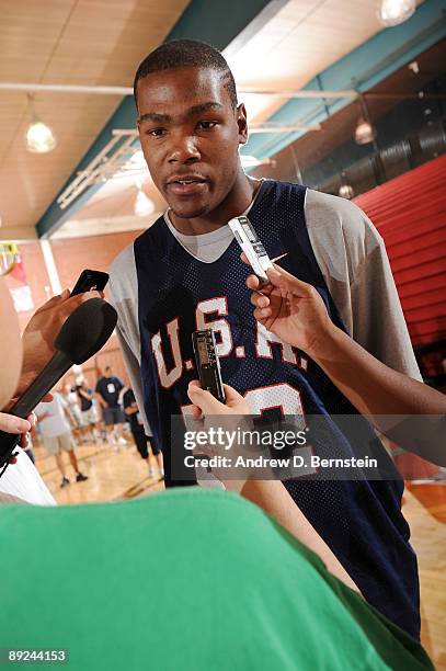 Kevin Durant of the USA Men's National Basketball Team speaks to the media before mini-camp on July 24, 2009 at Valley High School in Las Vegas,...