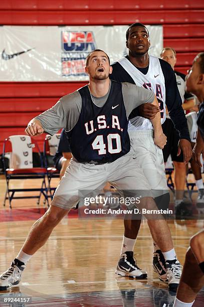 Kevin Love and Paul Millsap of the USA Men's National Basketball Team looking for a rebound during mini-camp on July 24, 2009 at Valley High School...