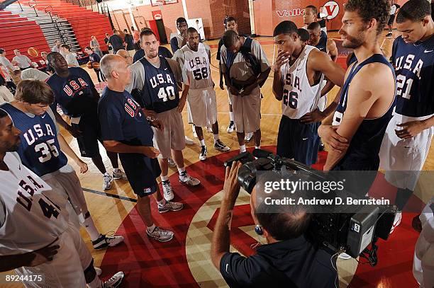Coach Jay Triano of the USA Men's National Basketball Team talks to the team during mini-camp on July 24, 2009 at Valley High School in Las Vegas,...