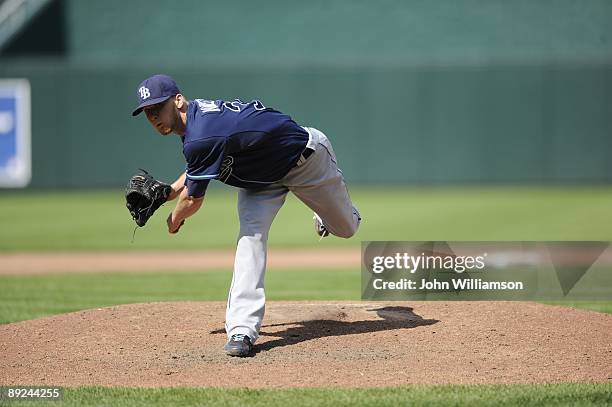 Howell of the Tampa Bay Rays pitches during the game against the Kansas City Royals at Kauffman Stadium in Kansas City, Missouri on Sunday, July 19,...