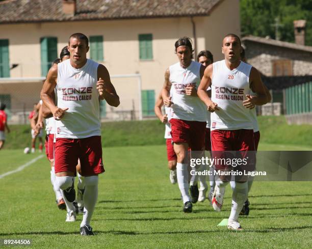 Reggina Calcio players are shown in action during a training session before a friendly match against Cisco Roma on July 24, 2009 in Roccaporena di...