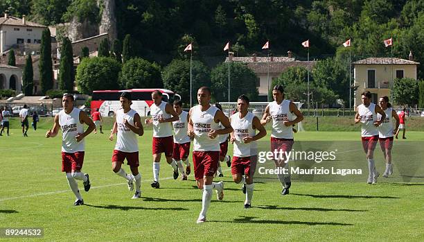 Reggina Calcio players are shown in action during a training session before a friendly match against Cisco Roma on July 24, 2009 in Roccaporena di...