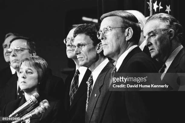 Senate Minority Leader Tom Daschle with senators Byron Dogan, Patty Murray and Paul Sarbane talk with reporters during the Impeachment Trial of...