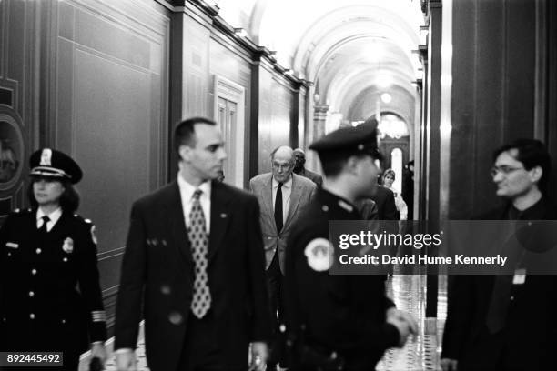 Supreme Court Chief Justice William Rehnquist, presiding over the Senate Impeachment Trial of President Bill Clinton walks through the halls of the...