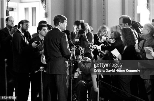 Senate Majority Leader Trent Lott, of Mississippi, talks with reporters during a break from the Senate Impeachment Trial of President Bill Clinton on...