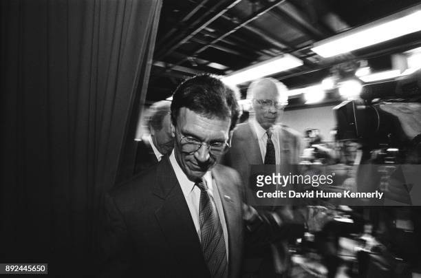 Democratic senators Patrick Leahy, of Vermont, Tom Daschle, of South Dakota leave a news conference during a break from the Senate Impeachment Trial...