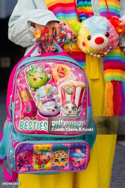 Kanpei , with brightly colored extensions, wearing a rainbow striped shirt by W Heart C, rainbow scarf, light blue denim jacket, yellow ankle length...