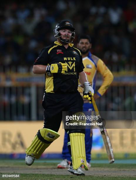 Paul Stirling of Kerela Kings reacts during the T10 League match between Bengal Tigers and Kerala Kings at Sharjah Cricket Stadium on December 14,...