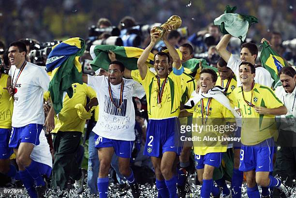 Brazil celebrate as Cafu lfts the trophy after the Germany v Brazil, World Cup Final match played at the International Stadium Yokohama in Yokohama,...