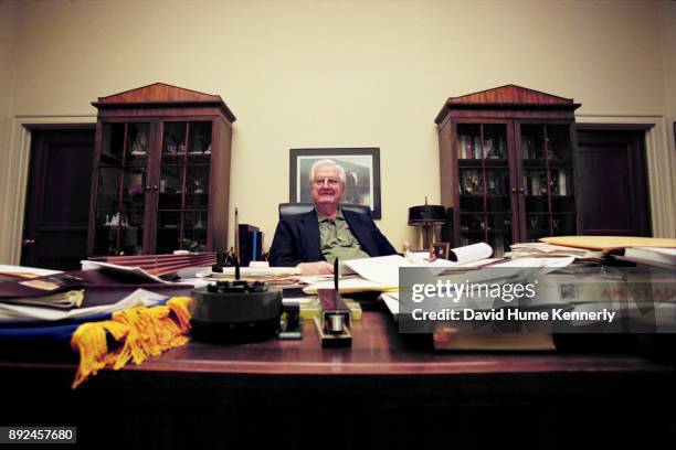 Judiciary Committee Chair Henry Hyde of Illinois during a meeting in his office with fellow House Managers to discuss their strategy in the Senate...