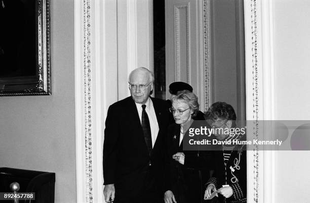 Sen. Pat Leahy of Vermont and his wife Marcelle Pomerleau leave the Senate floor during a break in the Clinton Impeachment Trial on Feb. 9, 1999 in...