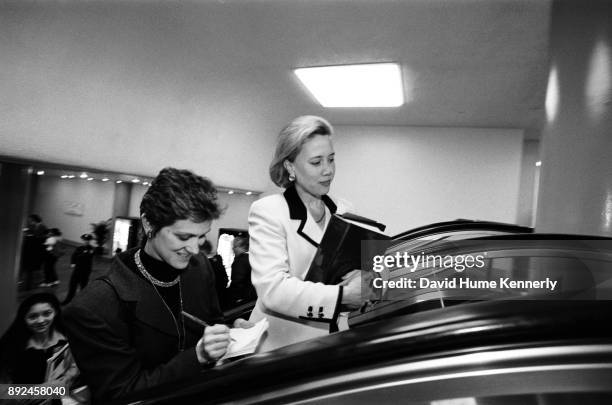 Reporter speaks with Republican Sen. Mary Landrieu of Louisiana as she rides the escalator of the U.S. Capitol building on her way to the second to...