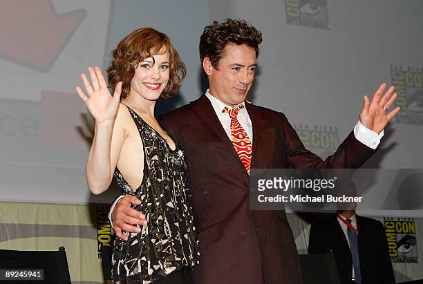 Actors Rachel McAdams and Robert Downey Jr. Onstage during a panel discussion for "Sherlock Holmes" at Comic-Con 2009 held at San Diego Convention...