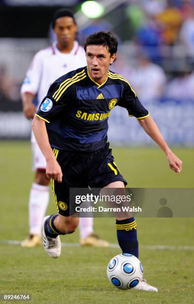 Yuri Zhirkov of Chelsea handles the ball against AC Milan during the World Football Challenge at M&T Bank Stadium on July 24, 2009 in Baltimore,...