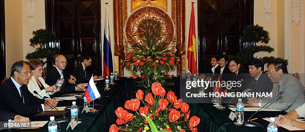 Visiting Russian Foreign Minister Sergei Lavrov holds talks with Vietnamese Deputy Prime Minister and Minister of Foreign Affairs Pham Gia Khiem at...