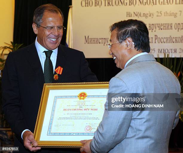 Vietnamese deputy Prime Minister and Minister of Foreign Affairs Pham Gia Khiem attend a ceremony held in Hanoi on July 25, 2009. Lavrov is making a...