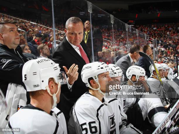 Assistant coach Dave Lowry of the Los Angeles Kings works the game against the New Jersey Devils at the Prudential Center on December 12, 2017 in...