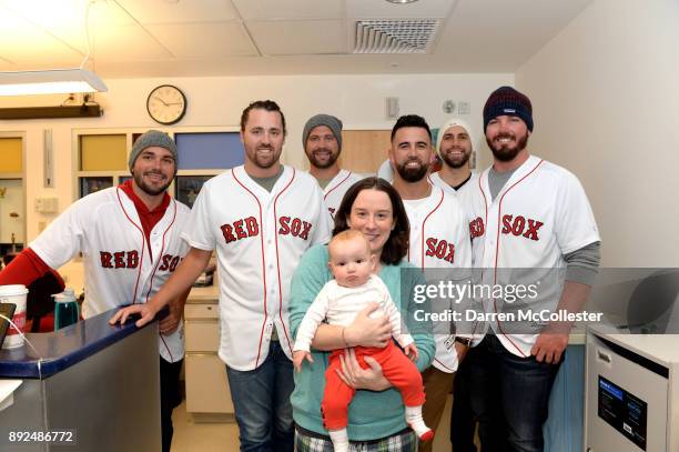 Boston Red Sox Robby Scott, Heath Hembree, Brian Johnson, Devin Marrero, Matt Barnes, and Austin Maddox visit Gabriella and Mom at Boston Children's...