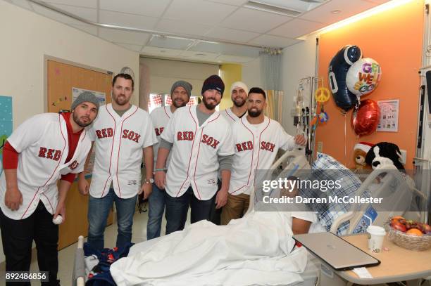 Boston Red Sox Robby Scott, Heath Hembree, Brian Johnson, Austin Maddox, Matt Barnes, and Devin Marrero, visit "Bam Bam" Tyjeuan at Boston Children's...