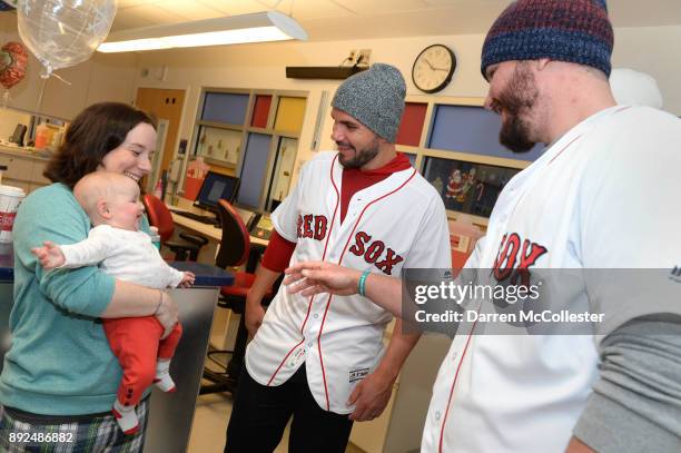 Boston Red Sox Robby Scott and Austin Maddox visit Gabriella and her mom at Boston Children's Hospital December 14, 2017 in Boston, Massachusetts.